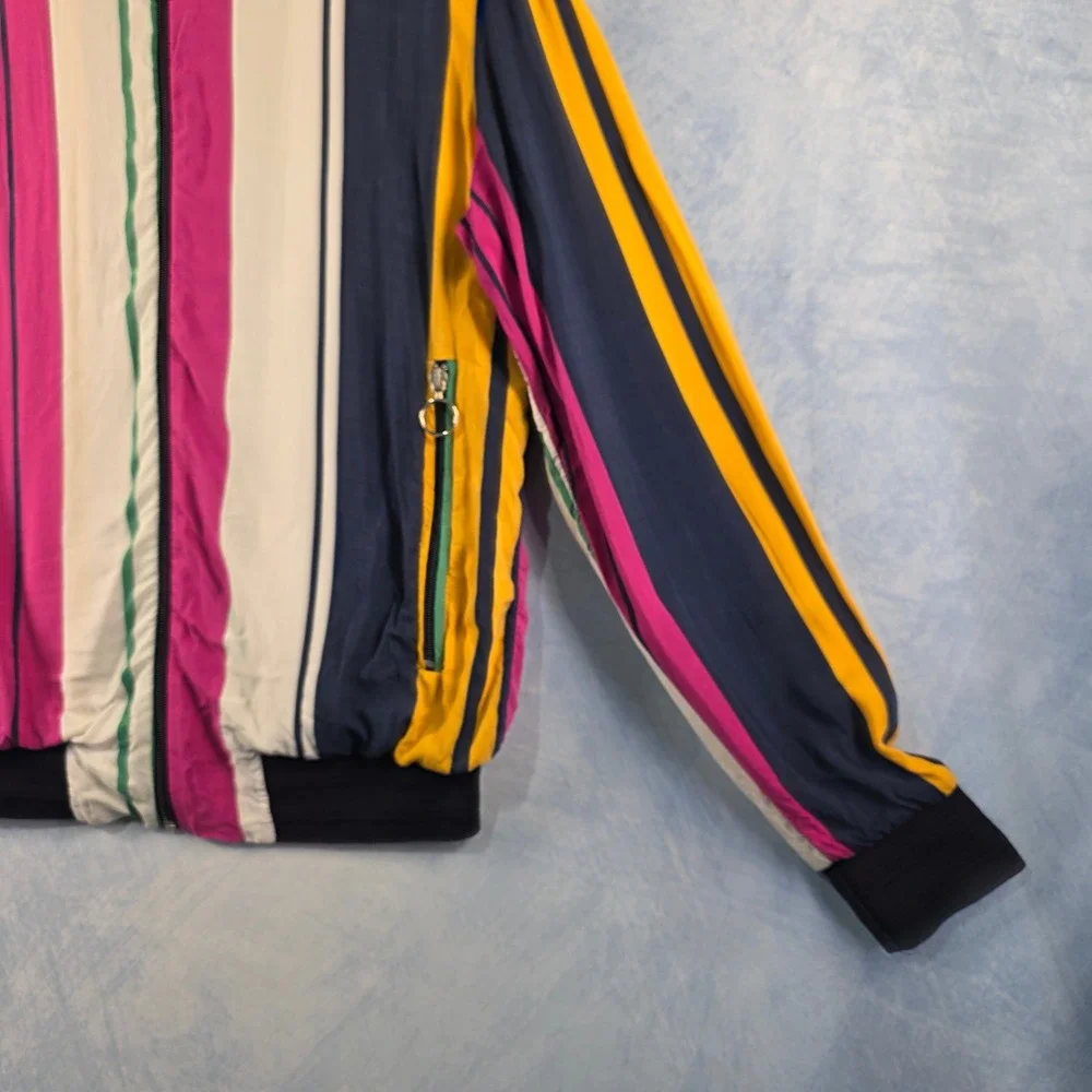 Zara Mens Vertical Stripe Bomber Jacket Navy Blue Magenta Yellow Size M Zip Up